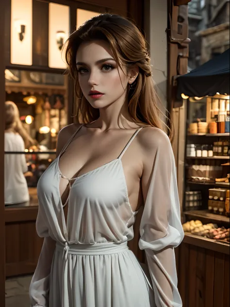 1girl in, Solo, Rustic homemade dress Rustic brown, Made from coarse wool, With a loose smock-like fit, High Waistline, and three-quarters long sleeves, madame, Average Height, Lean, Triangular face, skin tanned, honey blonde hair, Ice blue eyes, [[curved ...