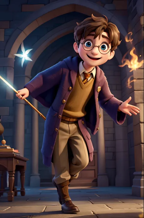 harry potter character, smiling, acting, action, happy face, flying, magic wand, full body, partical light