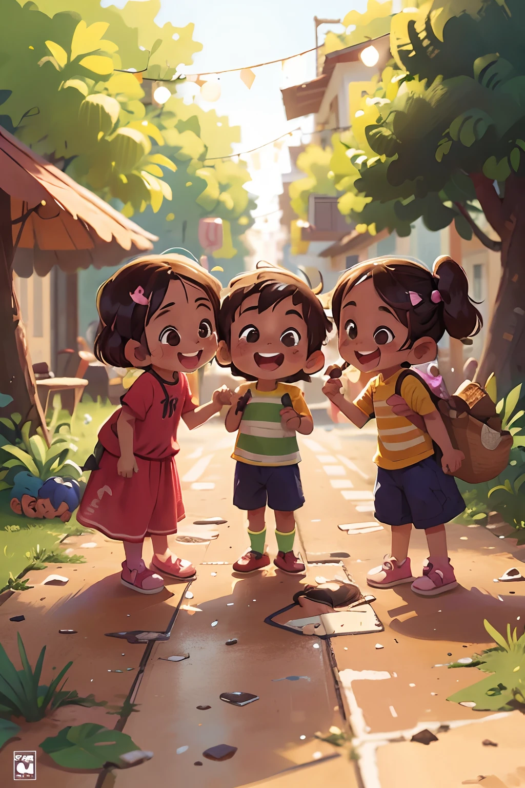 Cartoon illustration of three children standing on a sidewalk in a city -  SeaArt AI