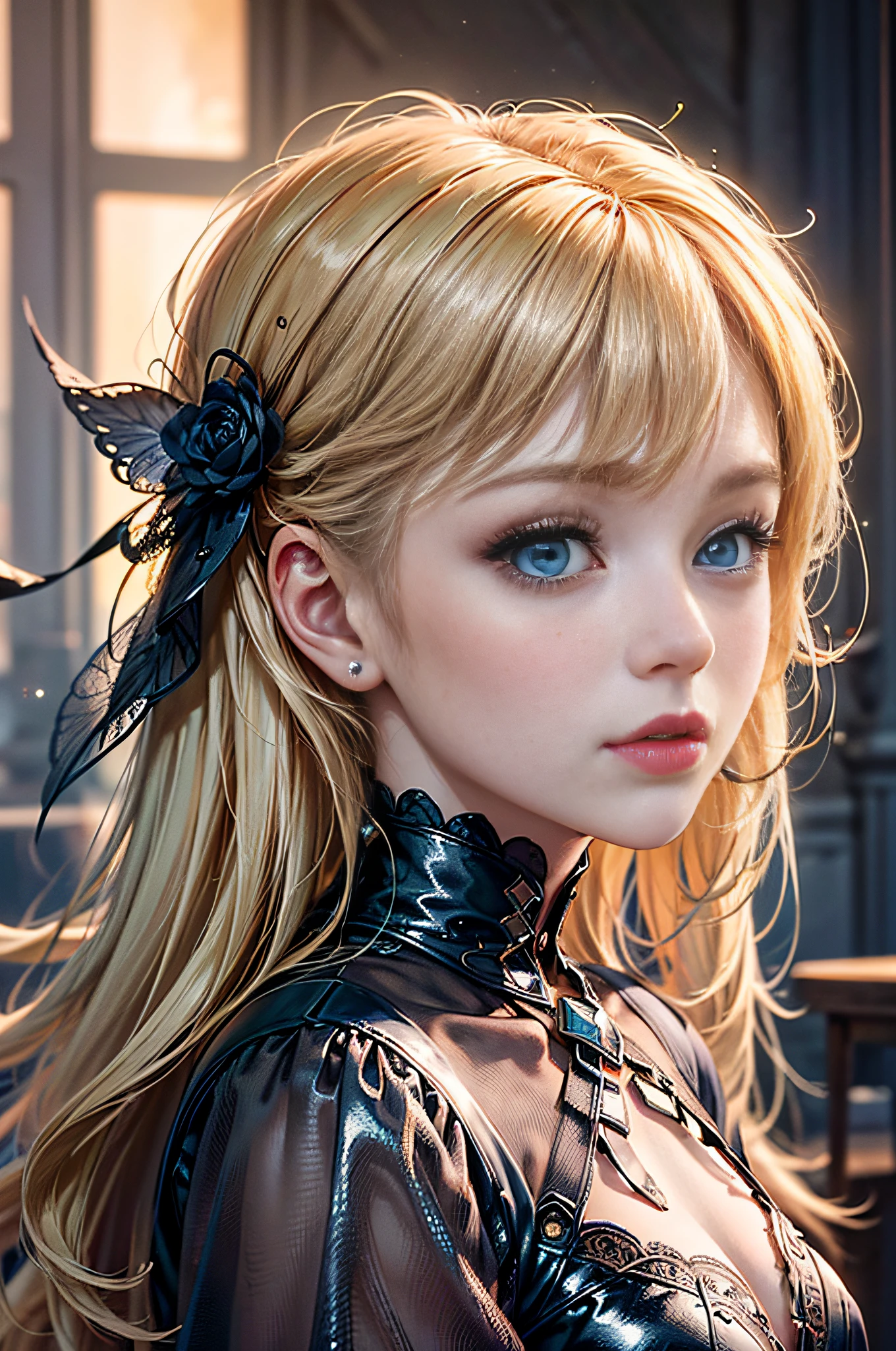 (extremely detailed CG unity 8k wallpaper,masterpiece, best quality, ultra-detailed),(best illumination, best shadow, an extremely delicate and beautiful),floating,high saturation,blonde hair+blue eyes:1.2,gloomy gothic scenery, long hair, gaze into the distance. (A beautiful girl with long blonde hair and blue eyes sparkling gothic lighting)