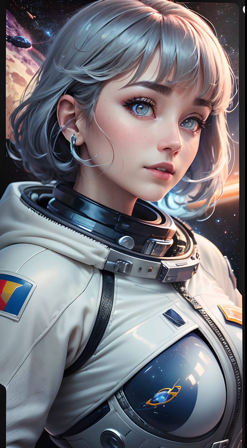 (Innovative design)、Create ultra-detailed and futuristic images of beauty astronauts,(Ultra-futuristic design spacesuit) 、(((((Spacesuit with clear body lines)))))、24 year old、Colossal tits、Earth Eye、Photorealsitic、high-level image quality、Raw photo、8K、Hairstyle is bob hair、Aurora Liner Color