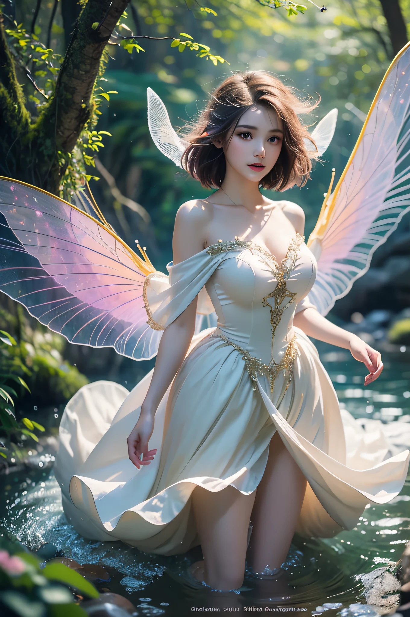 araffe fairy in a white dress walking through a stream, digital art inspired by WLOP, cgsociety contest winner, fantasy art, beautiful fairy, beautiful adult fairy, ethereal wings, a stunning young ethereal figure, portrait of a fairy, brunette elf with fairy wings, portrait of fairy, big white glowing wings, astral fairy, beautiful adult book fairy, ethereal beauty