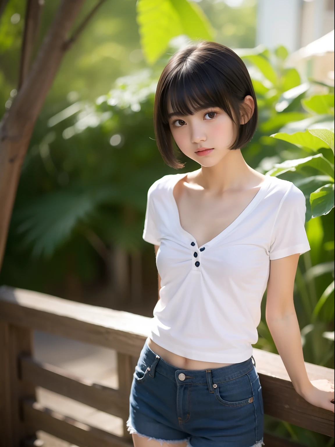 a beauty girl、cute face、Very small breasts、slender body and limbs、Unbutton  your shirt、Brown hair、Shirt with wide open chest、Keep previous face、a smile  - SeaArt AI