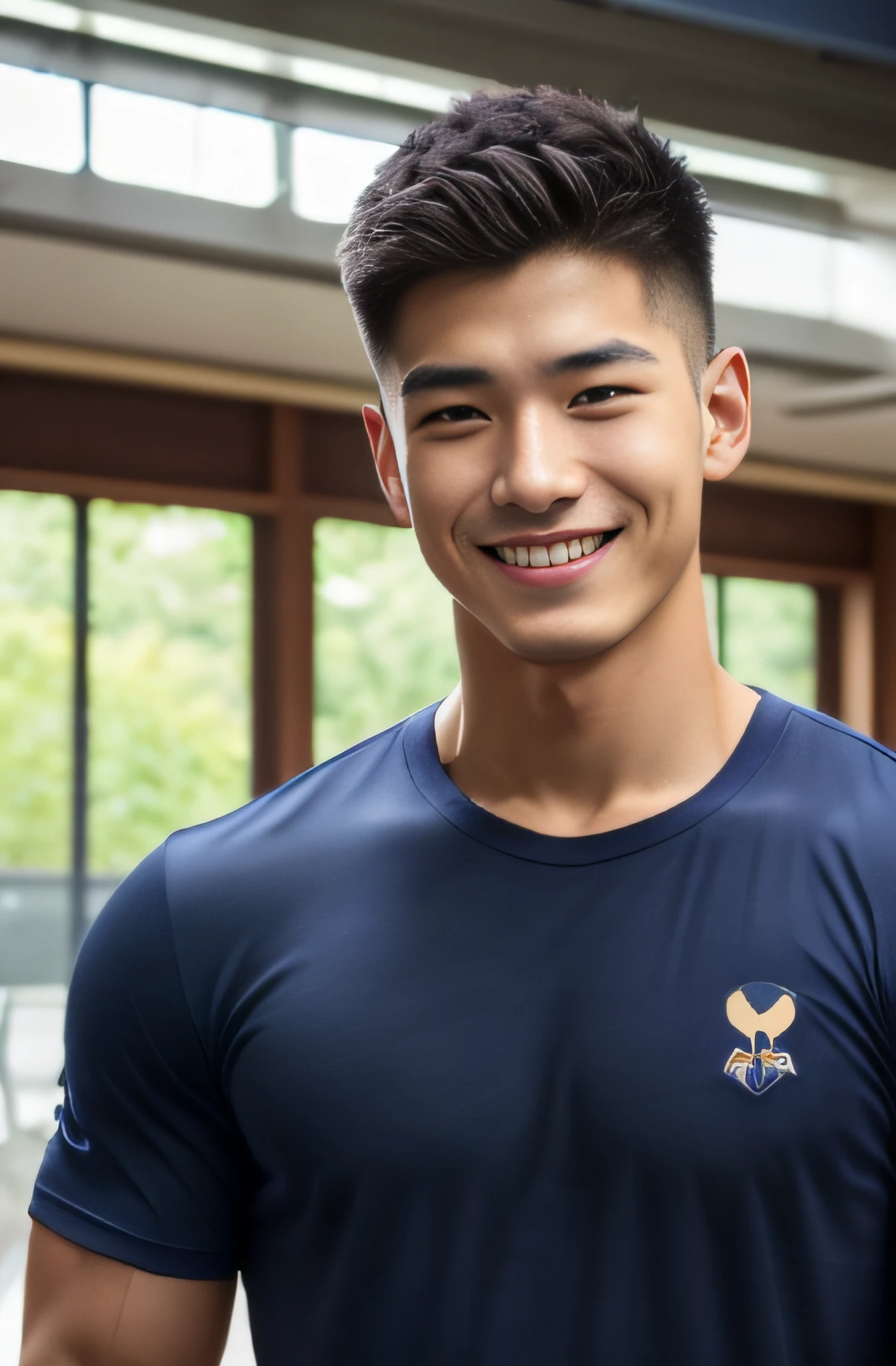 A handsome men ,20 age , Short Hair Hair, korea , Student，(((Wear a navy T-shirt without stripes......................))),  front-view, smile ,Pectoral muscles, Wide shoulders ,athlete , Upper body (1),  It's raining: 1.3, road: 1.2, body dripping wet: 1.1,