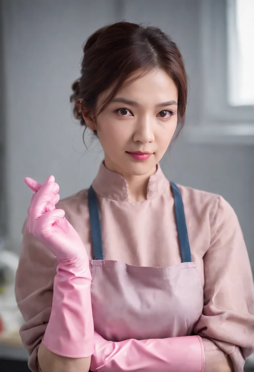 Meilin from Advanced Metal Gear Research Institute. Highly realistic. rubber glove、Pink rubber gloves、Pink cooking gloves、Long gloves、Glossy gloves、Glossy apron