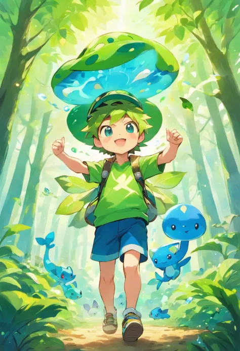 An anime boy in a magical forest, There are magical mushrooms, big trees, flying fish, Mainly blue and green, Bulbasaur, Anime boys wear green, He wears a Pokémon-related hat, There is the glowing Bulbasaur,The child looks impressed
