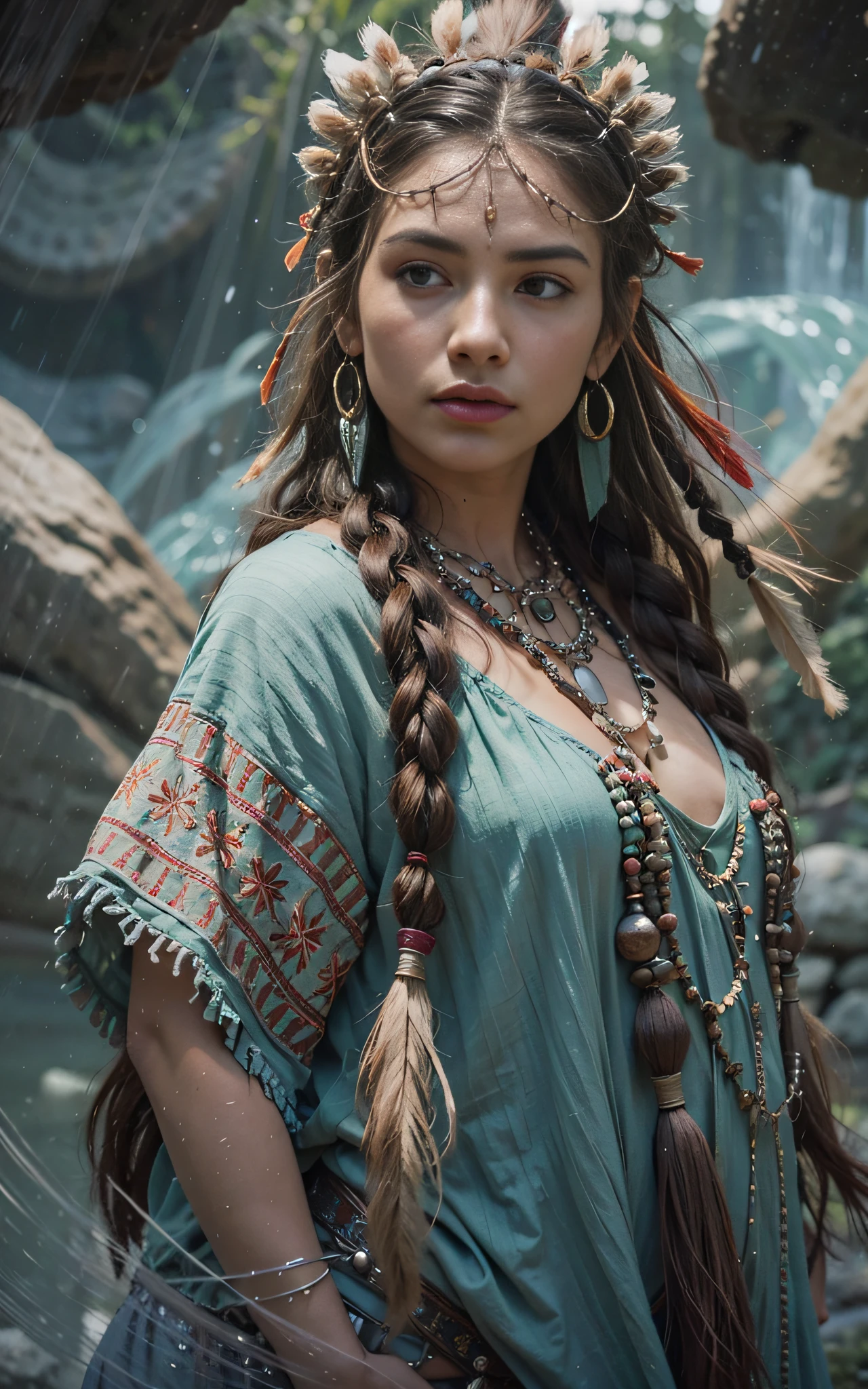 (full portrait), (half shot), solo, detailed background, detailed face, (stonepunkAI, stone theme:1.1), wise, (female), (native american), (beautiful hair, braids:0.2), shaman, septum piercing, mystical, (gorgeous face), stunning, head tilted upwards, (serene expression), calm, Seafoam Green frayed clothes, prayer beads, tribal jewelry, feathers in hair, headdress:0.33, jade, obsidian, detailed clothing, cleavage, realistic skin texture, (floating particles, water swirling, embers, ritual, whirlwind, wind:1.2), sharp focus, volumetric lighting, good highlights, good shading, subsurface scattering, intricate, highly detailed, ((cinematic)), dramatic, (highest quality, award winning, masterpiece:1.5), (photorealistic:1.5), (intricate symmetrical warpaint:0.5),