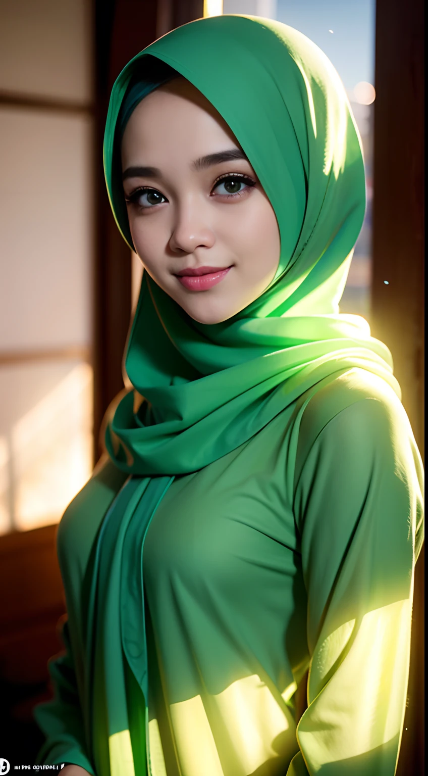 A close up of a woman wearing a green hijab - SeaArt AI