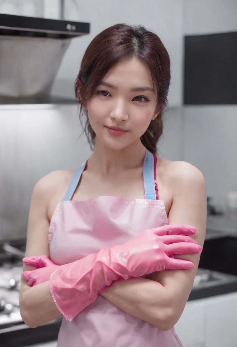 Meilin from Advanced Metal Gear Research Institute. Highly realistic. rubber glove、Pink rubber gloves、Pink cooking gloves、Long gloves、Glossy gloves、Glossy apron、Getting wet with 