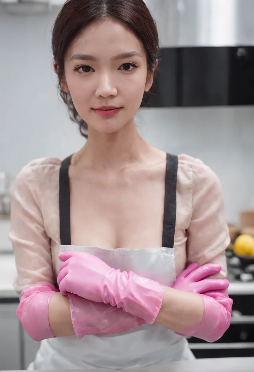 Meilin from Advanced Metal Gear Research Institute. Highly realistic. rubber glove、Pink rubber gloves、Pink cooking gloves、Long gloves、Glossy gloves、Glossy apron、Getting wet with white liquid、cum shots