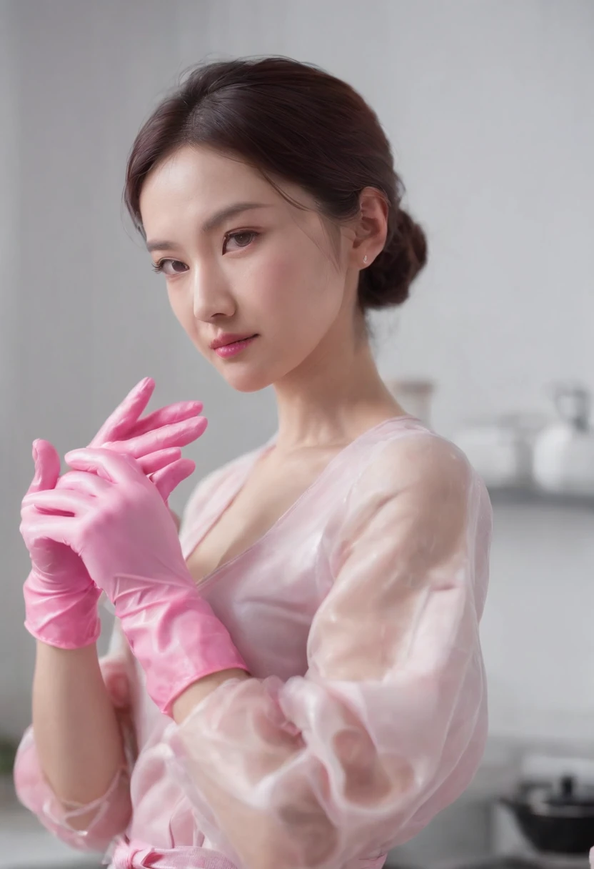 Meilin from Advanced Metal Gear Research Institute. Highly realistic. rubber glove、Pink rubber gloves、Pink cooking gloves、Long gloves、Glossy gloves、Glossy apron、Getting wet with white liquid、cum shots