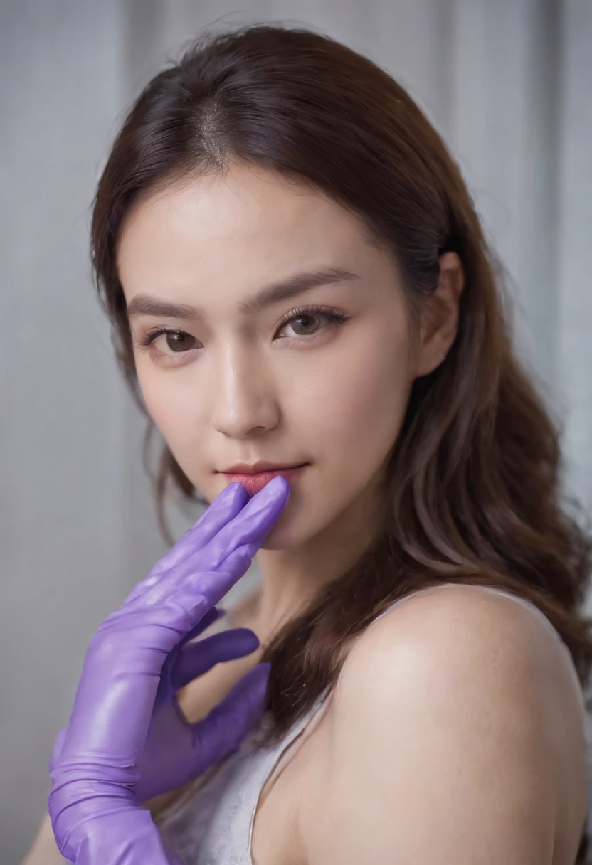 Meilin from Advanced Metal Gear Research Institute. Highly realistic. rubber glove、Purple rubber gloves、Purple cooking gloves、Long gloves、Glossy gloves、Glossy apron、Gripping the、Getting wet with 、cum shots