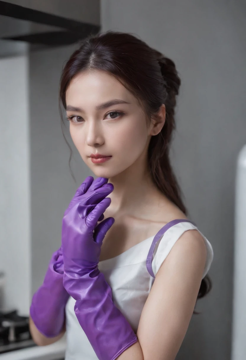 Meilin from Advanced Metal Gear Research Institute. Highly realistic. rubber glove、Purple rubber gloves、Purple cooking gloves、Long gloves、Glossy gloves、Glossy apron、Gripping the、Getting wet with 、cum shots