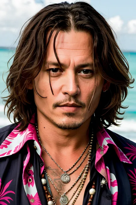 a half-length photo of Johnny Depp looking into the camera with a seductive look, He wears an open Hawaiian shirt on the front and wears amulets around his neck, foto premiada