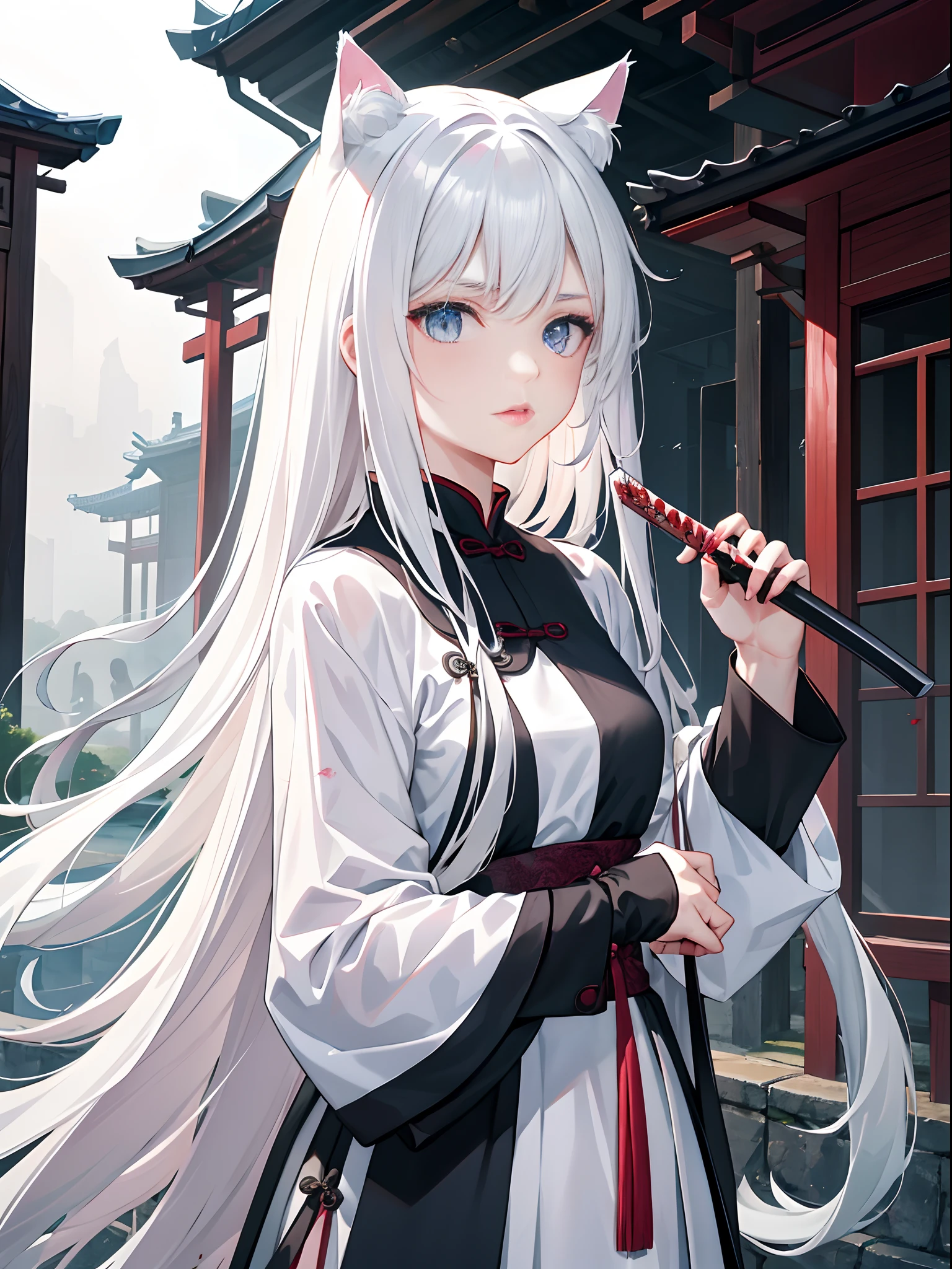 Masterpiece, Super Class, Night, Outdoor, Rainy Day, Branches, Chinese Style, Ancient China, 1 girl, young girl, Silver-White Long-Haired Woman, Gray-Blue Eyes, Pale Pink Lips, Indifference, Seriousness, Bangs, Assassin, Sword, White Clothes, Blood, Blood, Violence, Death, Injury, Blood, Facial Bloodstain, Facial Details, Facial Details, cat ears