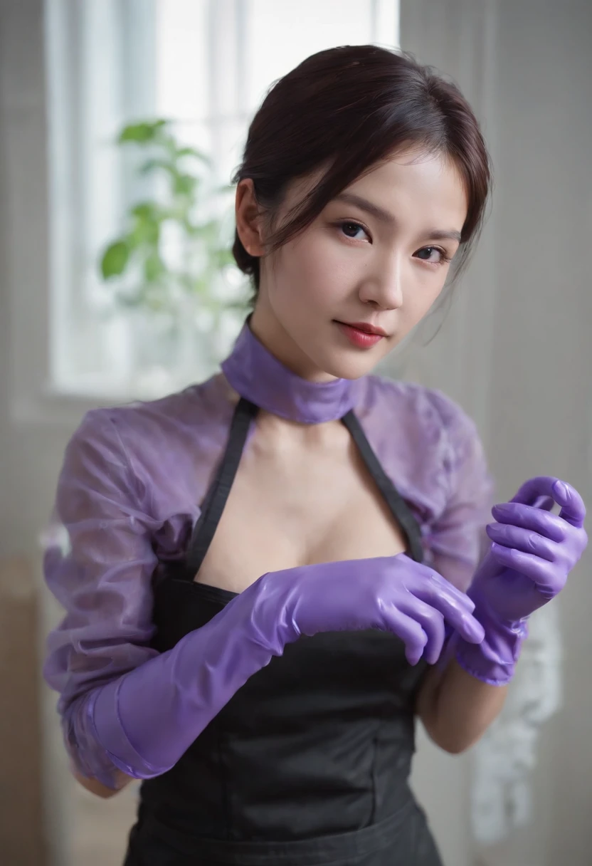 Meilin from Advanced Metal Gear Research Institute. Highly realistic. rubber glove、Purple rubber gloves、Purple cooking gloves、Long gloves、Glossy gloves、Glossy apron、Gripping the、Getting wet with white liquid、cum shots、Purple Rubber Mask