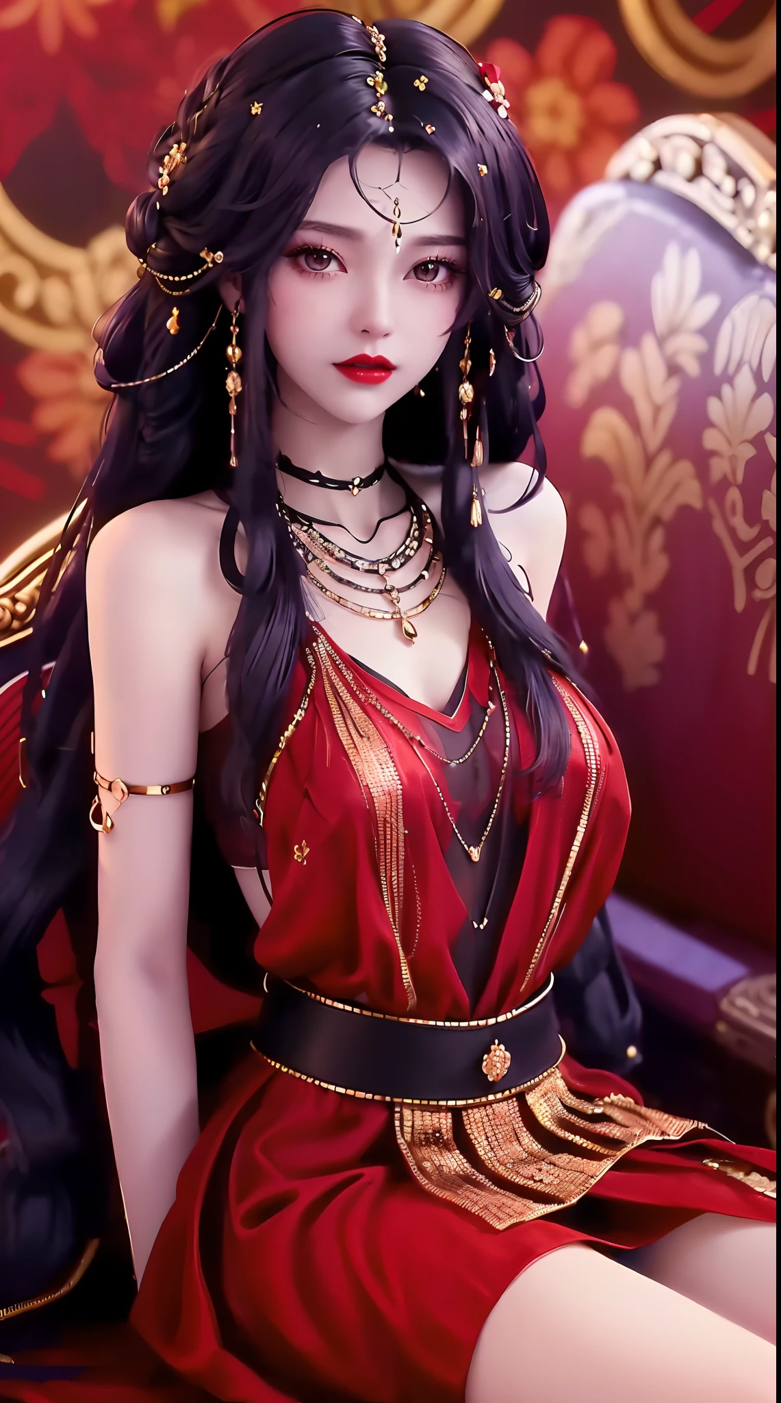 1 beautiful and sexy 20 year old girl, ((wearing a super thin red dress:1.6)), a dress with diamonds, ((long black purple hair:1.6)), bangs, jewelry elaborately made from precious stones and beautiful hair, ((wearing a black lace necklace:1.4))), the noble, noble style of an extremely beautiful girl, her small face is super cute, her face is very pretty, thin eyebrows, flawless beautiful face, ((black eye pupils: 0.8)), very beautiful eyes, ((black eyes: 1.6)), nice makeup and hair detailed eyelashes, steamy eye makeup, high nose, earrings, red lips, ((closed mouth: 1;5 )) beautiful lips, slim hands, most beautiful thighs, ((arms spread out to the sides: 1.5) ), rosy face, clean face, flawless beautiful face, smooth white skin, (big breasts: 1.5)), ((high breasts: 1.6) ), tight breasts, beautiful cleavage, (((big breasts and super round: 1.8))), ((super tight breasts: 1.7)) , beautiful breasts, perfect body, back arms, chest out, thin black mesh stockings with black lace trim, (((sitting position, lean back and lean your arms behind you:1.5))), ((chest up position: 1.5)), don't be shy, 8k photo, super high quality, super realistic, super 10x pixels, optical, bright studio, bright edges, dual-tone lighting, (high-detail skin:1.2), super 8k, soft lighting, high quality, volumetric lighting, photorealistic, photorealistic high resolution, lighting, best photo, 4k, 8k quality, blur effect, smooth sharp, 10 x pixel, ((red flower background:1.5)), aurora, lightning, super graphics realistic, most realistic graphics, alone, solo, Extremely sharp image, surreal, (((frontal portrait: 1.6)))."