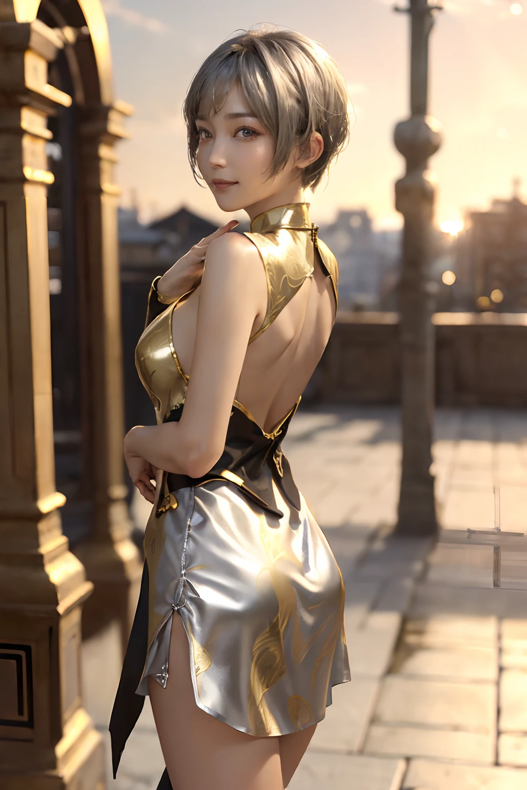 ((top-quality、8K、​masterpiece:1.3)), (Cute pattern, 
 gold foil, Black cheongsam:1.5), Clear, Fine-grained skin、Beautiful clear eyes、cleavage of the breast、(Backshots:1.5)、Carefree and natural smile、(a pixie cut,Silver hair:1.5)、(Hair disheveled in the wind:1.3)、、Beautiful girl with a smile、Citizen Pool、(thin-waist:1.3)、(Dynamic and provocative poses:1.2)、