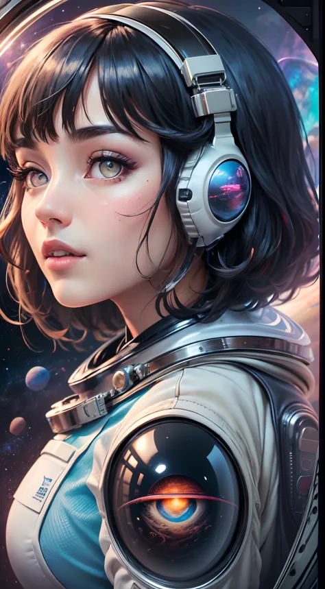 (Innovative design)、Create ultra-detailed and futuristic images of beauty astronauts,(Ultra-futuristic design spacesuit) 、(((((Spacesuit with clear body lines)))))、24 year old、Colossal tits、Earth Eye、Photorealsitic、high-level image quality、Raw photo、8K、Hai...