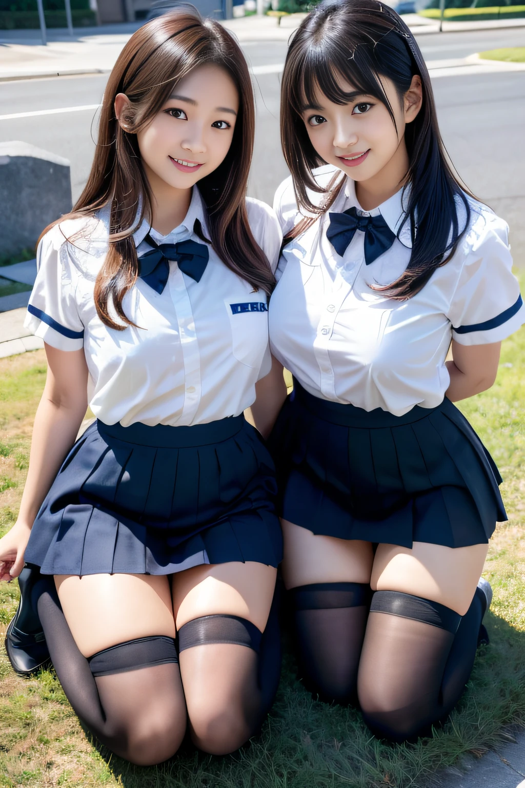 Две молодые азиатки позируют перед камерой на синем фоне