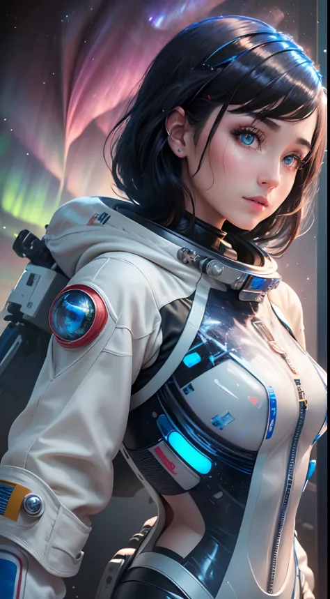 (Innovative design)、Create ultra-detailed and futuristic images of beauty astronauts,(Ultra-futuristic design spacesuit) 、(((((Spacesuit with clear body lines)))))、24 year old、Colossal tits、Earth Eye、Photorealsitic、high-level image quality、Raw photo、8K、Hai...