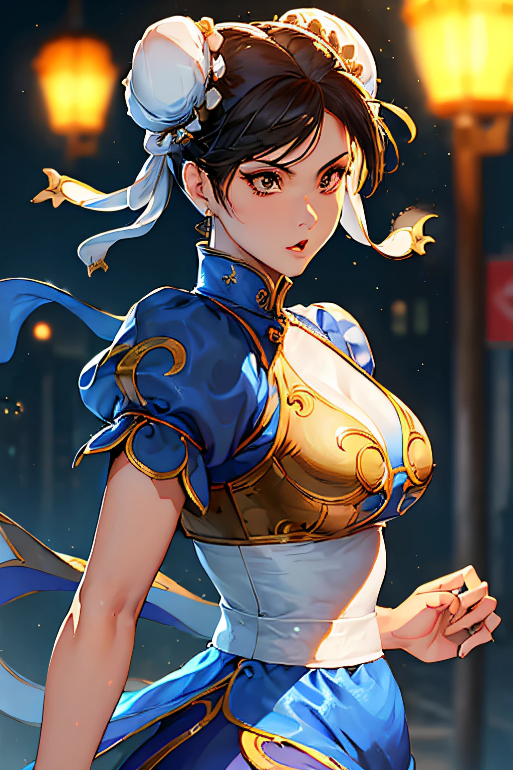 ((obra de arte,melhor qualidade)),1 garota,Sozinho,Chunli,tronco,fundo de rua linda noite