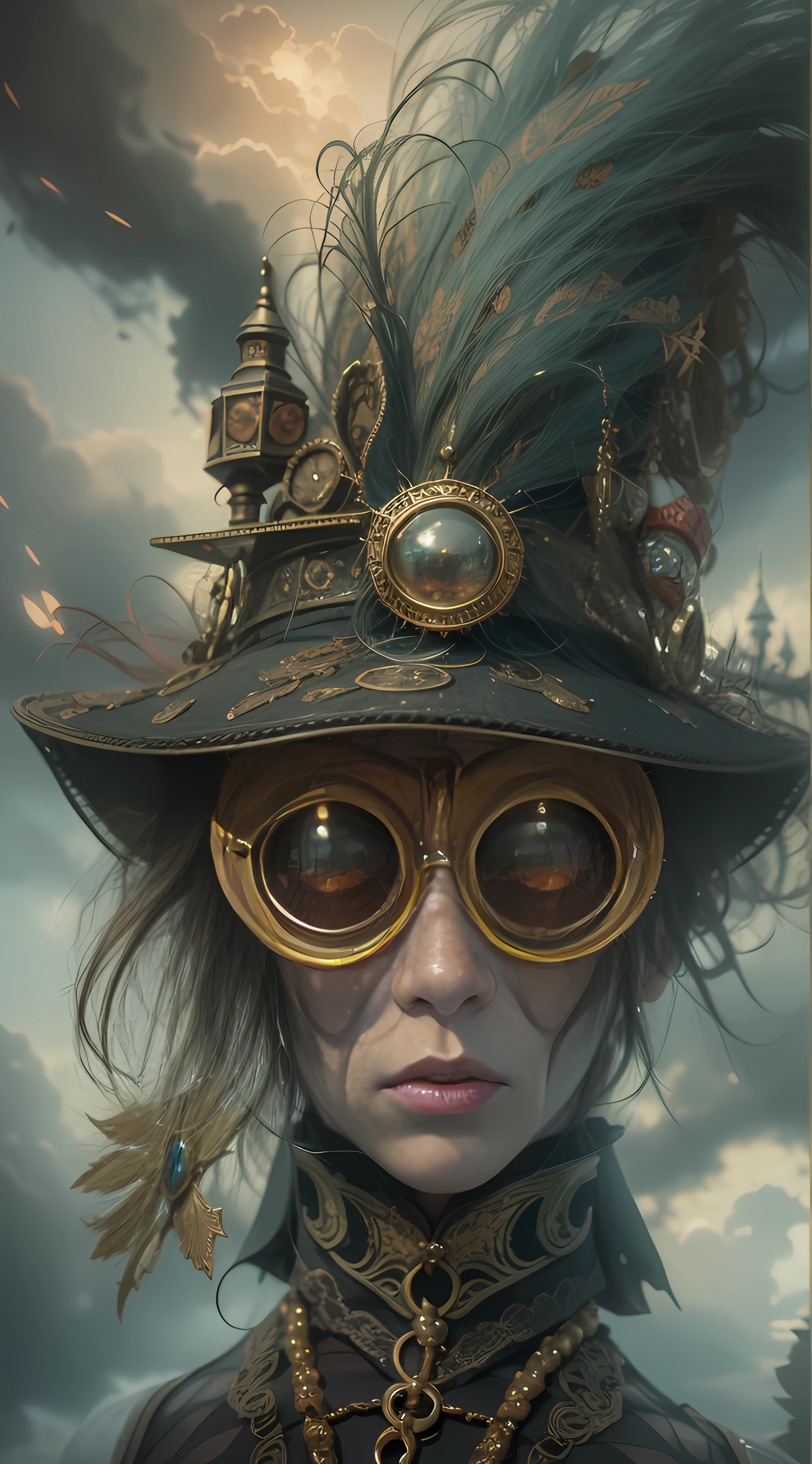 un mundo fantástico de Halloween donde la atmósfera está llena de magia y misterio. Un diseño de moda steam punk bohemio de cuerpo completo., Hacer guardia, en los dramáticos cielos de arriba. El rostro de esta criatura es una obra de arte., con características exactas que parecen cambiar con cada momento que pasa. Véalo cobrar vida en una pintura al óleo increíblemente detallada., o renderizado con precisión en un estilo hiperrealista, misterioso