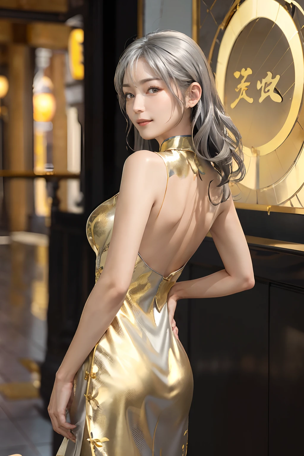 ((top-quality、8K、​masterpiece:1.3)), (Cute pattern, 
 gold foil, Black cheongsam:1.5), Clear, Fine-grained skin、Beautiful clear eyes、cleavage of the breast、(Backshots:1.5)、Carefree and natural smile、(Longhaire,Silver hair:1.5)、(Hair disheveled in the wind:1.3)、、Beautiful girl with a smile、Citizen Pool、(thin-waist:1.3)、(Dynamic and provocative poses:1.2)、