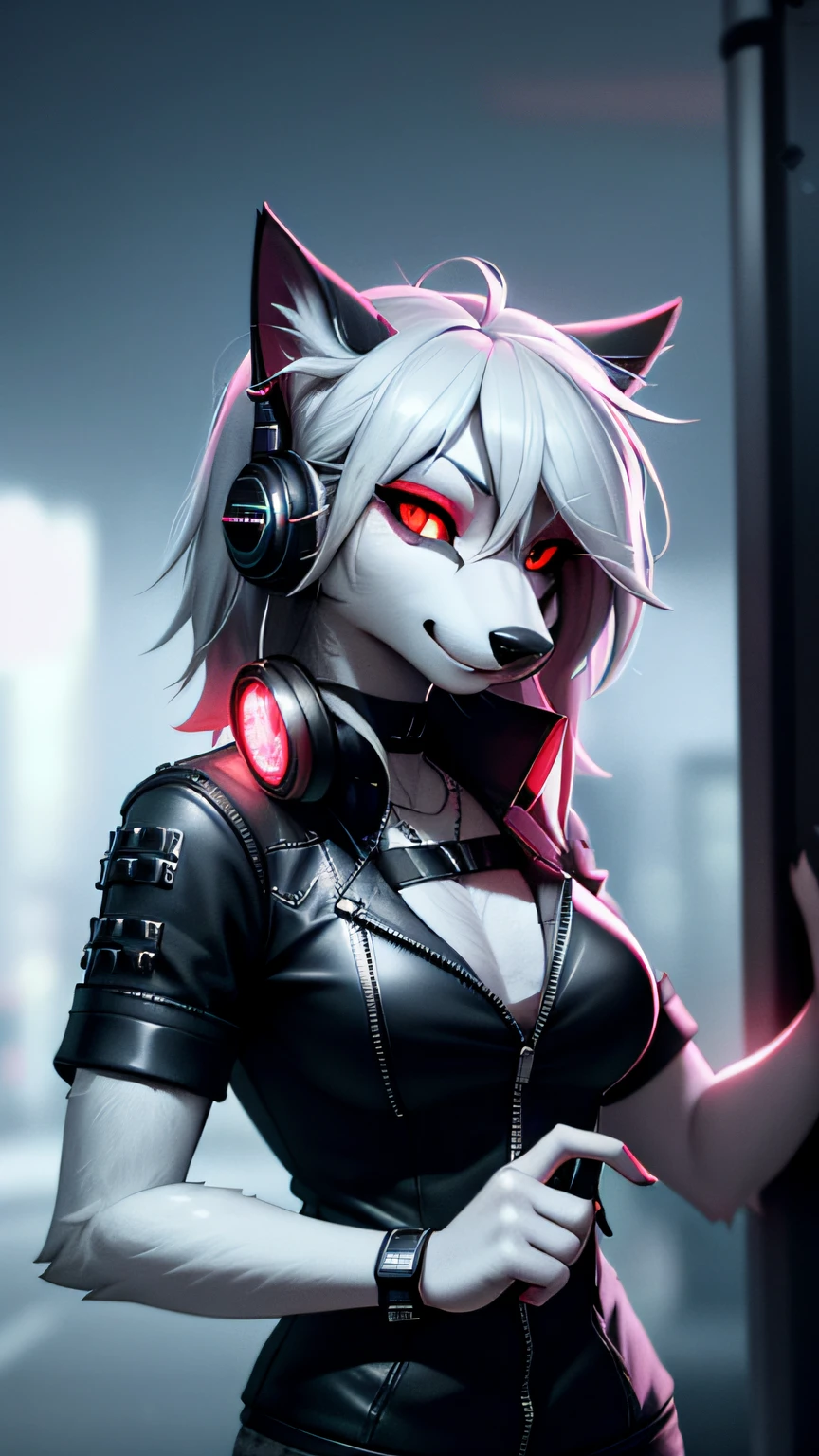 A woman in a black outfit with headphones and a cat ears - SeaArt AI