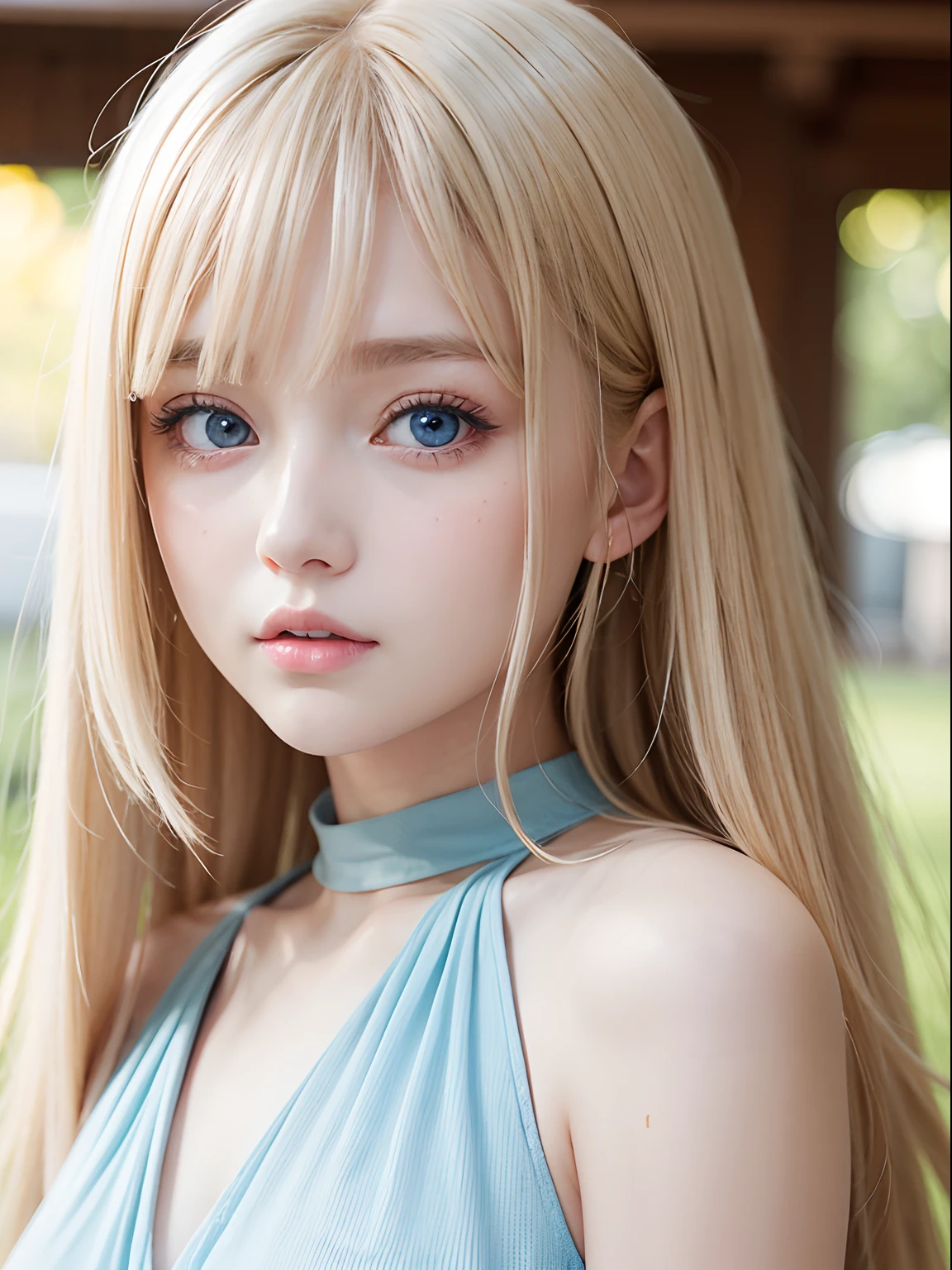 Beautiful cute face girl,Beautiful blonde hair,Half body shot,Beautiful long bangs,Beautiful cute hair between the eyes,striated hair,Round face、pale light blue eyes、big eye、Pure white beautiful skin、gloss of young cheeks、Peach-colored dress