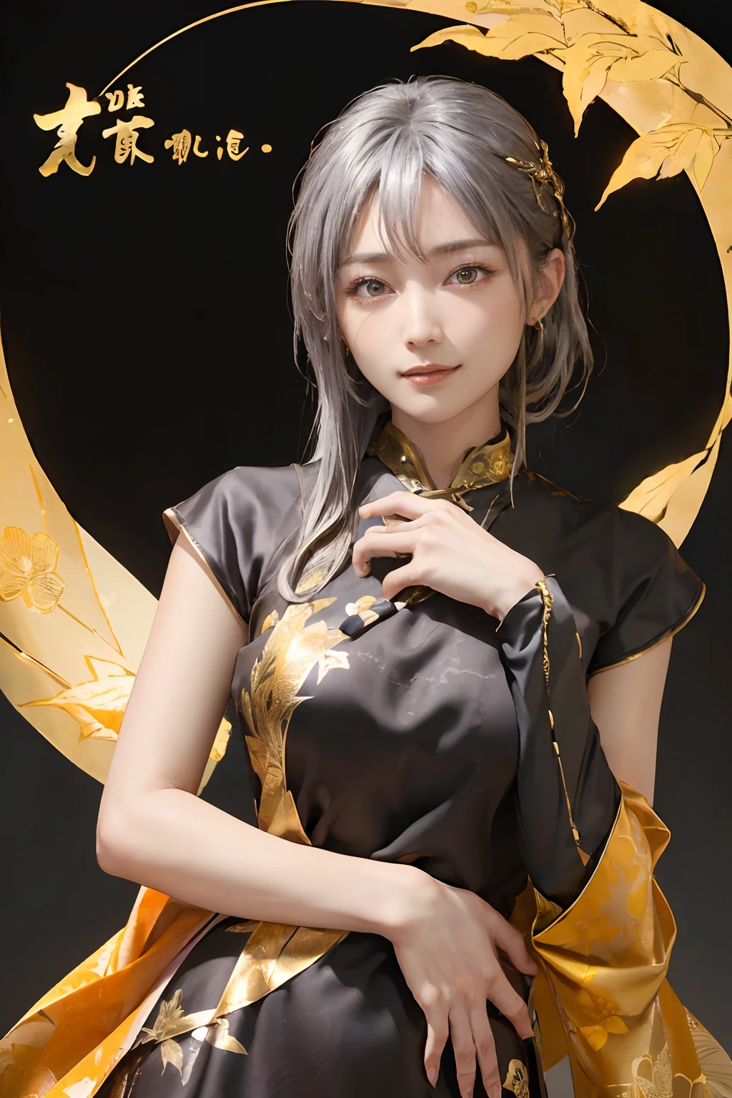 ((top-quality、8K、​masterpiece:1.3)), (Cute pattern of gold leaf,  of black cloth, Cheongsam trimmed in orange:1.5), Clear, Fine-grained skin、Beautiful clear eyes、cleavage of the breast、Carefree and natural smile、(Longhaire,Silver hair:1.5)、(Hair disheveled in the wind:1.3)、、Beautiful girl with a smile、(thin-waist:1.3)、(Dynamic and provocative poses:1.2)、