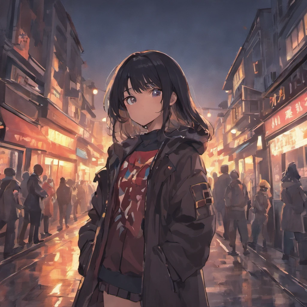 Anime girl in a city street at night - SeaArt AI