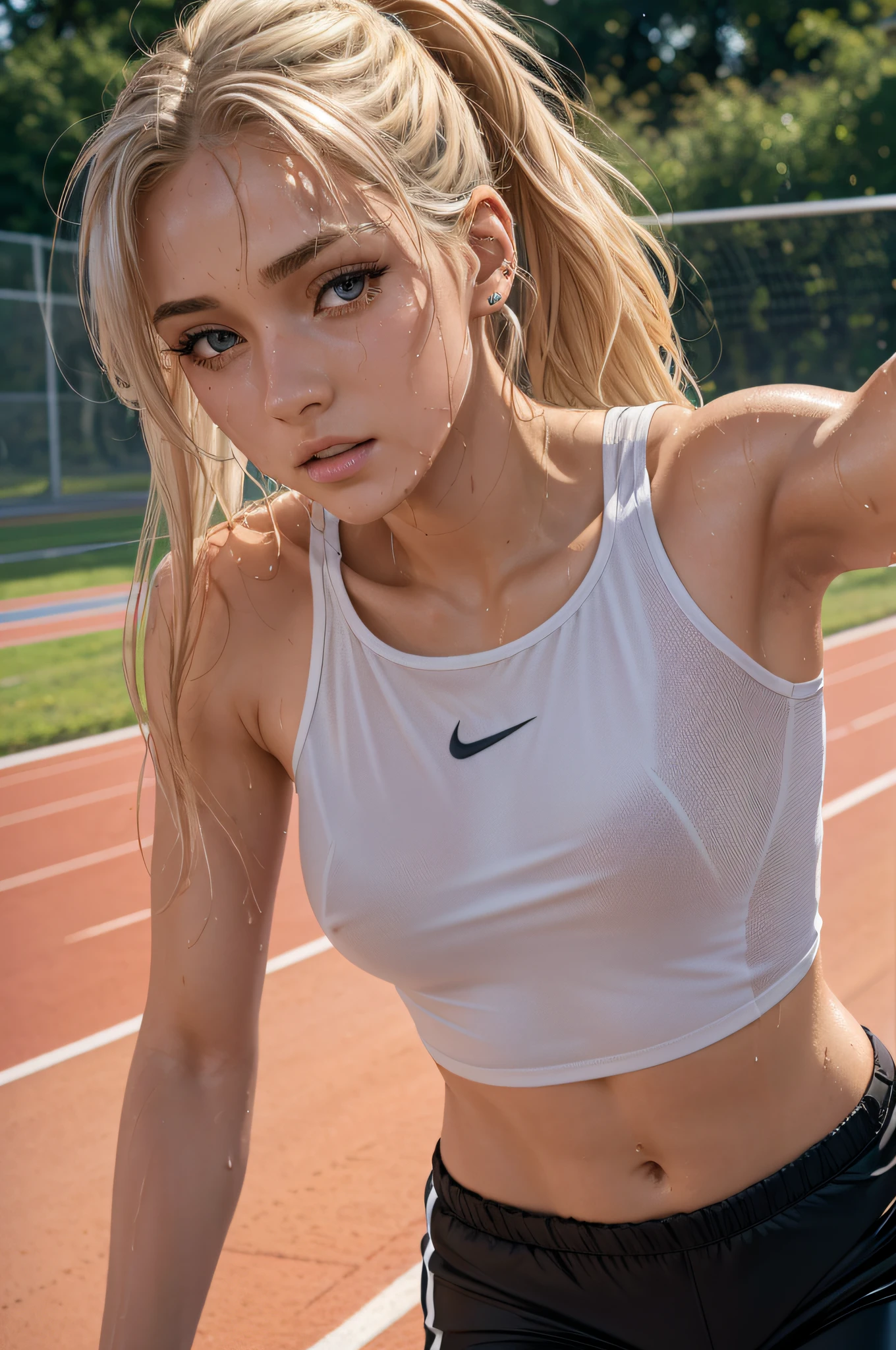 top-quality,in 8K,​masterpiece,超A high resolution,,Raw photo,22-year-old Eastern European woman,ue,a blond,Symmetrical hairstyle,Super beauty,((super realistic details)),Shadow,in 8K,highly intricate detail,Realistic light,CGSoation Trends,Beautiful eyes,radiant eyes,neon details,High background image quality,Full body depiction,,Symmetrical hairstyle with movement,(trance),After sprinting,Land Track,(Wet shirt),((track and field uniform)),Arm muscles,Crying Kuroko,piercings,Running pants