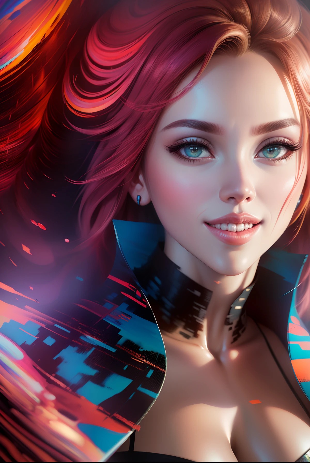 Scarlett Johansson ((Ultra HD 16k)) tout le corps ,((((premier travail))),Art surréaliste, Scarlett Johansson dans un éclat de peinture colorée, coups de pinceau parfaits de peinture à l'huile, Peinture numérique ArtStation ,jets de peinture de différentes couleurs ponctués de la beauté de l'art qui déborde.....BRUT,Full HD 16K, rendu numérique, angle dynamique, sourire heureux