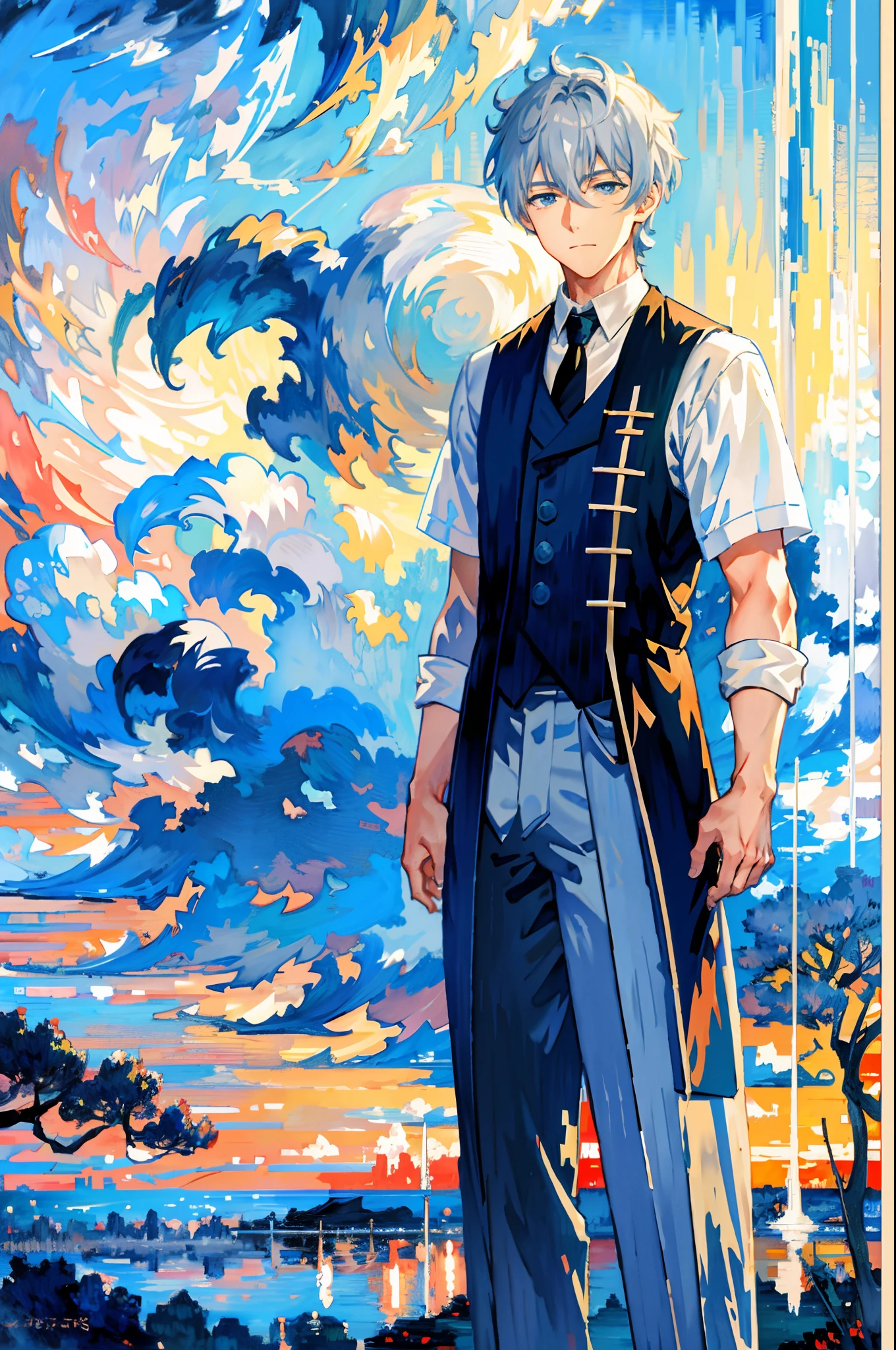 Anime - style painting of a man standing in front of a sunset - SeaArt AI