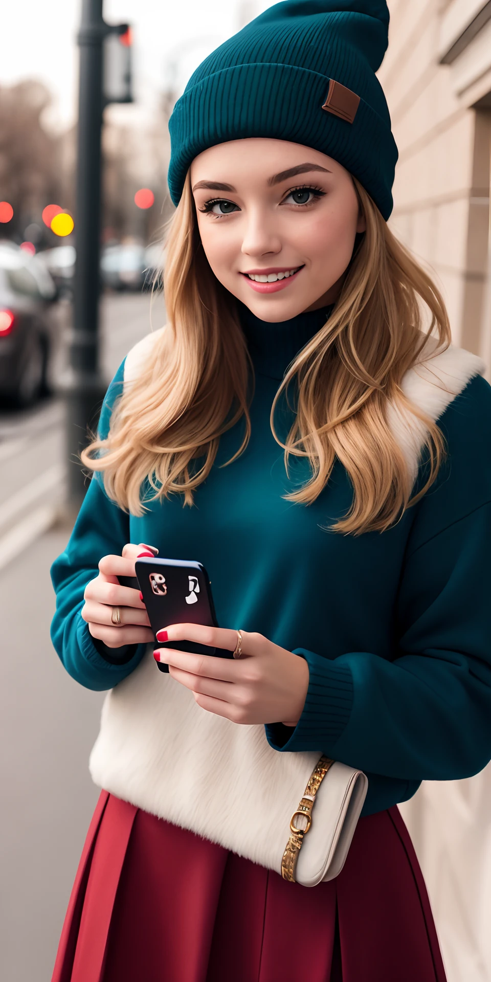 A woman in a green sweater and red skirt holding a cell phone - SeaArt AI