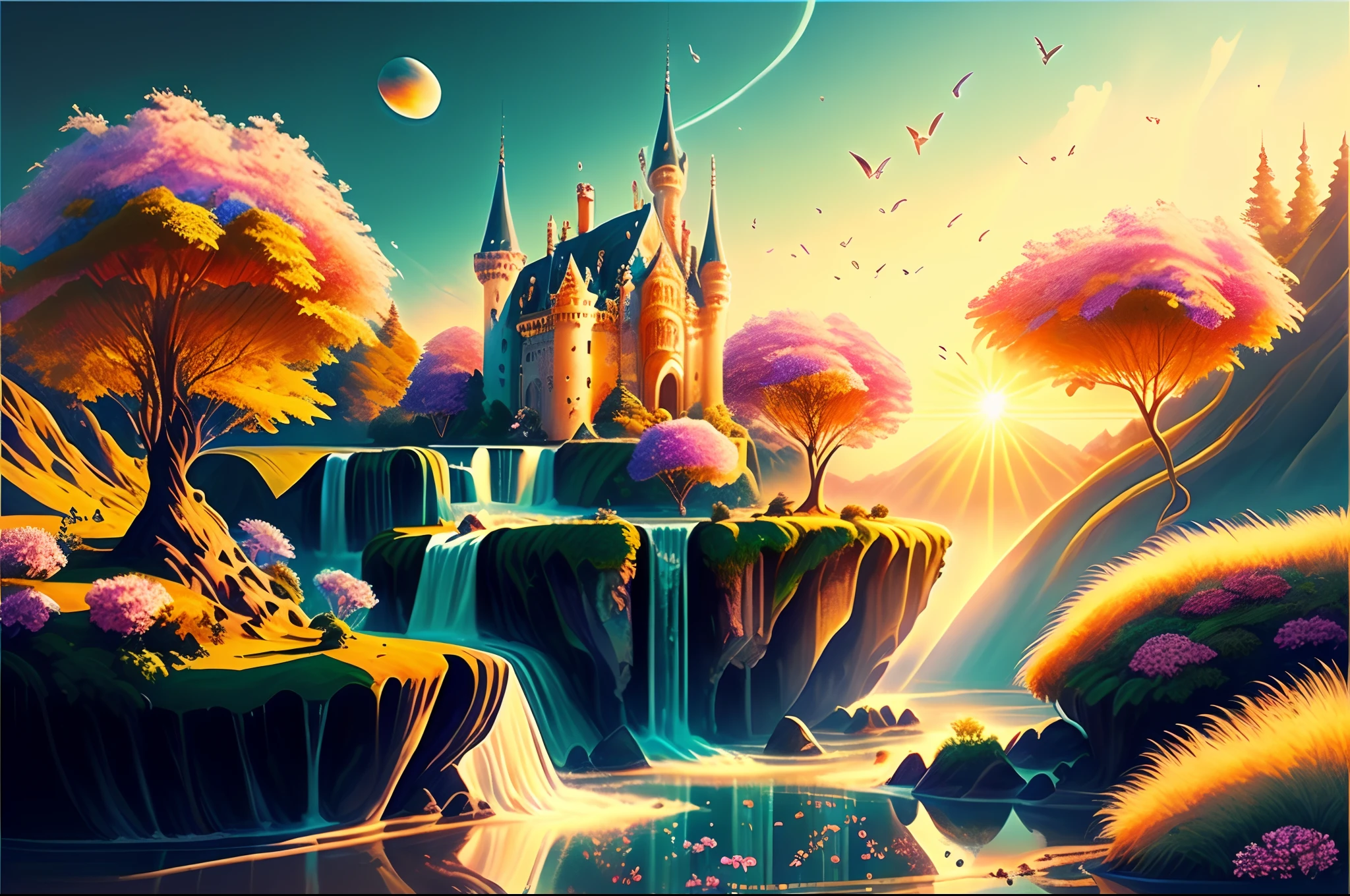 golden sunlight, surreal landscapes, vibrant colors, dreamy atmosphere, ethereal beauty, mystical creatures, shimmering waterfalls, magical castles, enchanted forests, floating islands, whimsical flowers, endless horizons, infinite possibilities, hidden treasures, secret pathways.