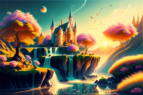 golden sunlight, surreal landscapes, vibrant colors, dreamy atmosphere, ethereal beauty, mystical creatures, shimmering waterfal...