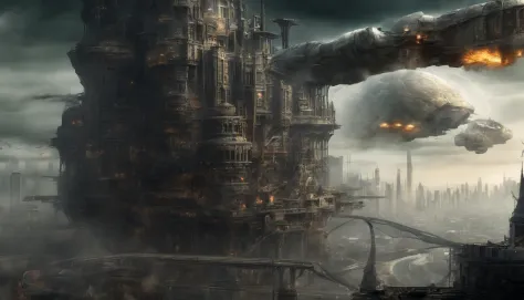 (sci fi art:1.5), Sci-fi post-apocalyptic world, (flying city:1.7), A white flying castle is located above, (The huge mechanism spews smoke:1.3), Panoramic view, Clouds of smoke, dark cloude, (Masterpiece), (Vivid colors:1.6)