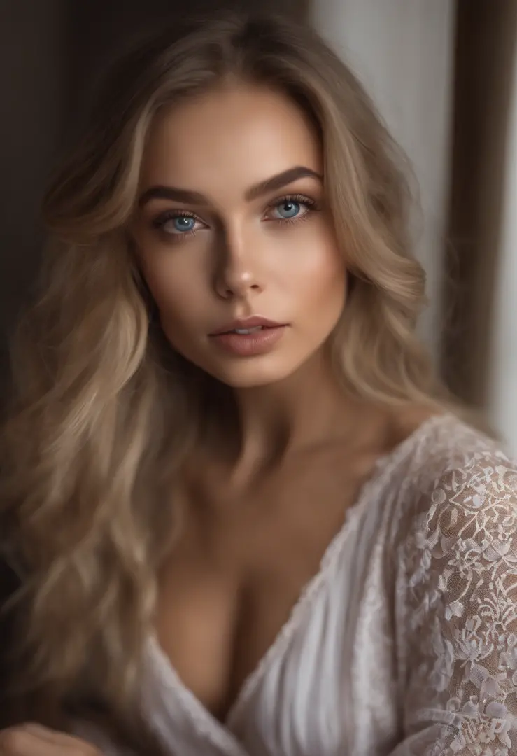 Arafed woman completely , fille sexy aux yeux bleus, ultra realist, Meticulously detailed, Portrait Sophie Mudd, cheveux blonds et grands yeux, selfie of a young woman, Yeux de chambre, Violet Myers, sans maquillage, maquillage naturel, looking straight at...