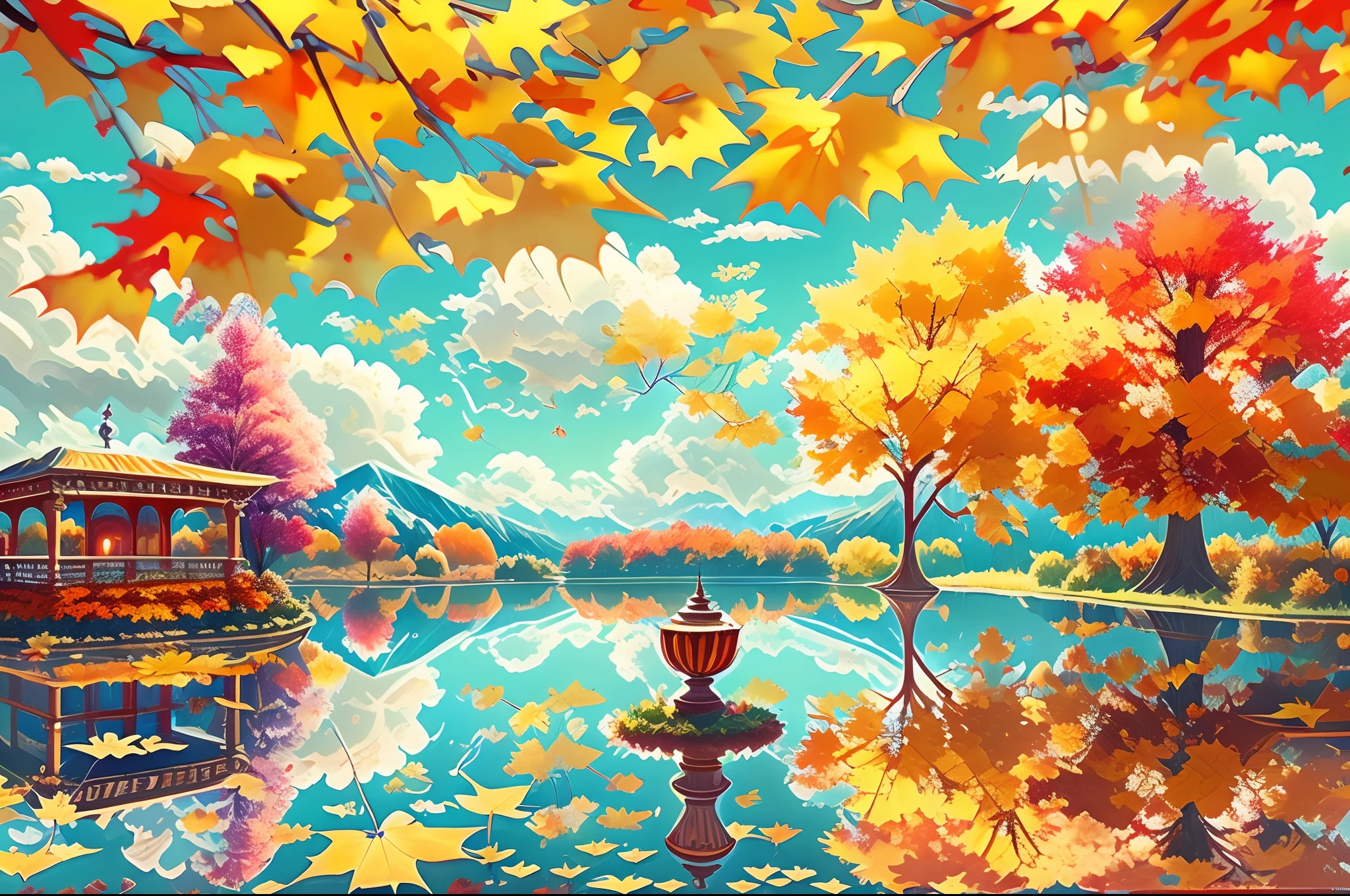 (Best quality), (masterpiece:1.3), Fantastic Magic World, autumn clouds, scattered clouds, Scenic center, clear cloud sky, water reflections, Yellow ginkgo, orange maple and red maple,