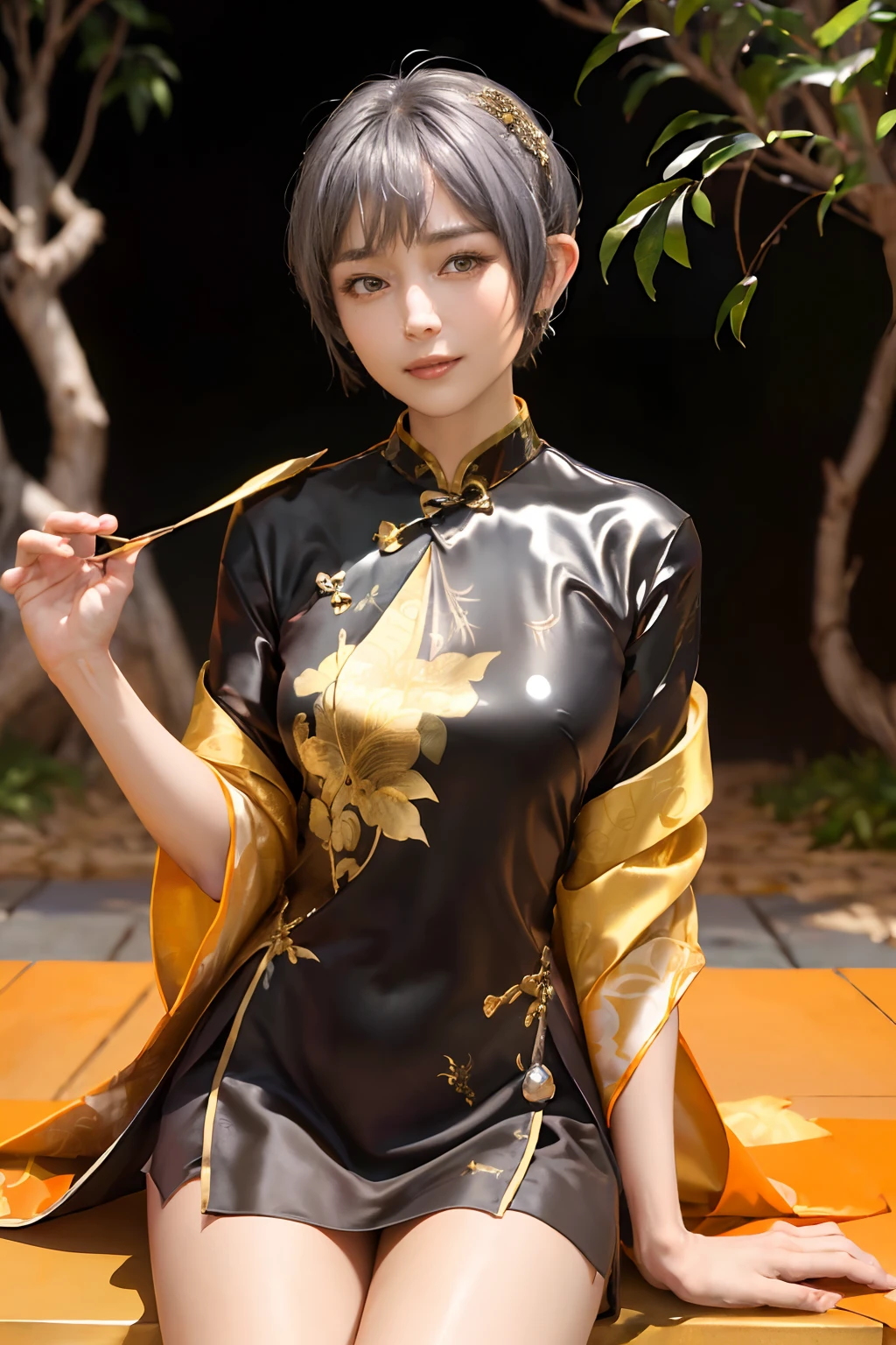 ((top-quality、8K、​masterpiece:1.3)), (Beautiful pattern of gold leaf,  Black shiny cloth, Cheongsam trimmed in orange:1.5), Clear, Fine-grained skin、Beautiful clear eyes、cleavage of the breast、Carefree and natural smile、(a pixie cut,Silver hair:1.5)、(Hair disheveled in the wind:1.3)、、Beautiful girl with a smile、(thin-waist:1.3)、(Dynamic and provocative poses:1.2)、