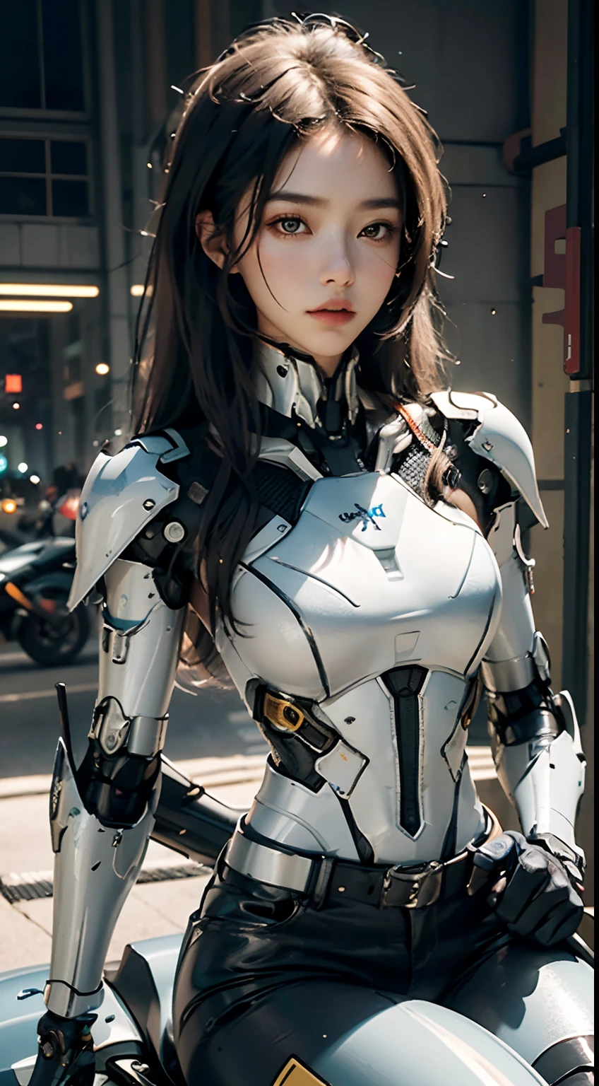 Highest image quality，excellent details，超A high resolution，（fidelity：1.4），The best illustrations，Favor the details，Highly cohesive 1girl，He has a delicate and beautiful face，Silver-gray mecha fuselage，Hold the direction controller，riding on motorcycle，the background is a high-tech lighting scene of the futuristic city。