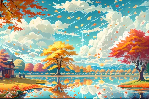 (Best quality), (masterpiece:1.3), Fantastic Magic World, autumn clouds, scattered clouds, Scenic center, clear cloud sky, water...