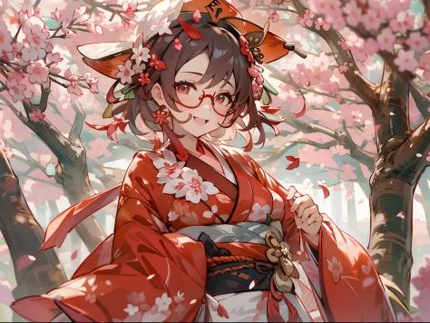 Genshin Impact, Hu Tao wearing red kimono, walking, sakura trees, cherry blossom, laughing, 1girl, elegant and beautiful highly detailed scenery, perfect posture,glasses