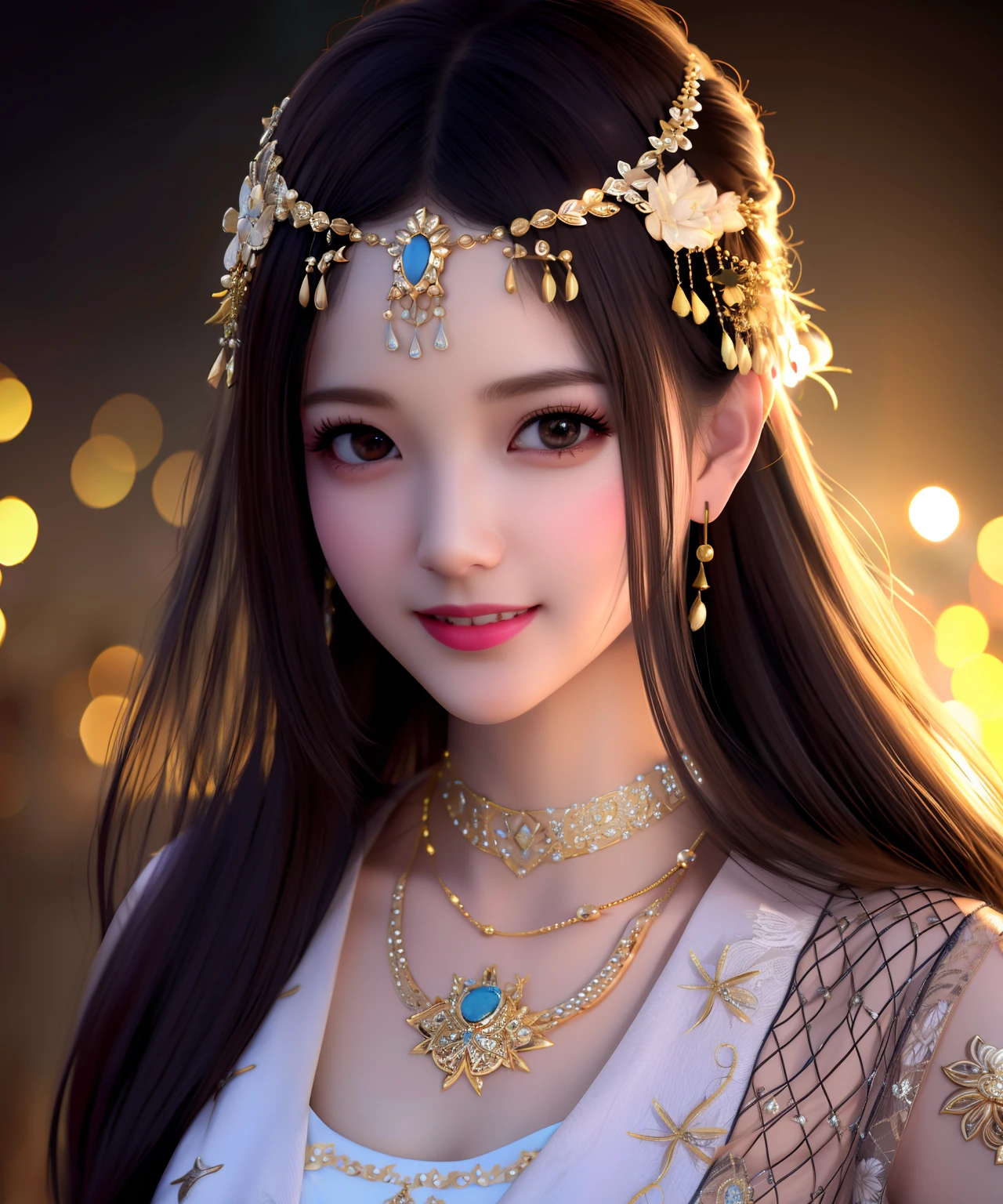 beste Qualität, Meisterwerk, highres, 1 Mädchen,China Kleid,Haarornament,Halskette, Schmuck,Schönes Gesicht,auf_Körper, Tyndall-Effekt,fotorealistisch, dunkles Studio, Felgenbeleuchtung, zweifarbige Beleuchtung,(Hochdetaillierte Haut:1.2), 8k uhd, dslr, sanfte Beleuchtung, gute Qualität, Volumetrische Beleuchtung, offen, Foto, Hohe Auflösung, 4k, 8k, Bokeh, fröhliches Lächeln