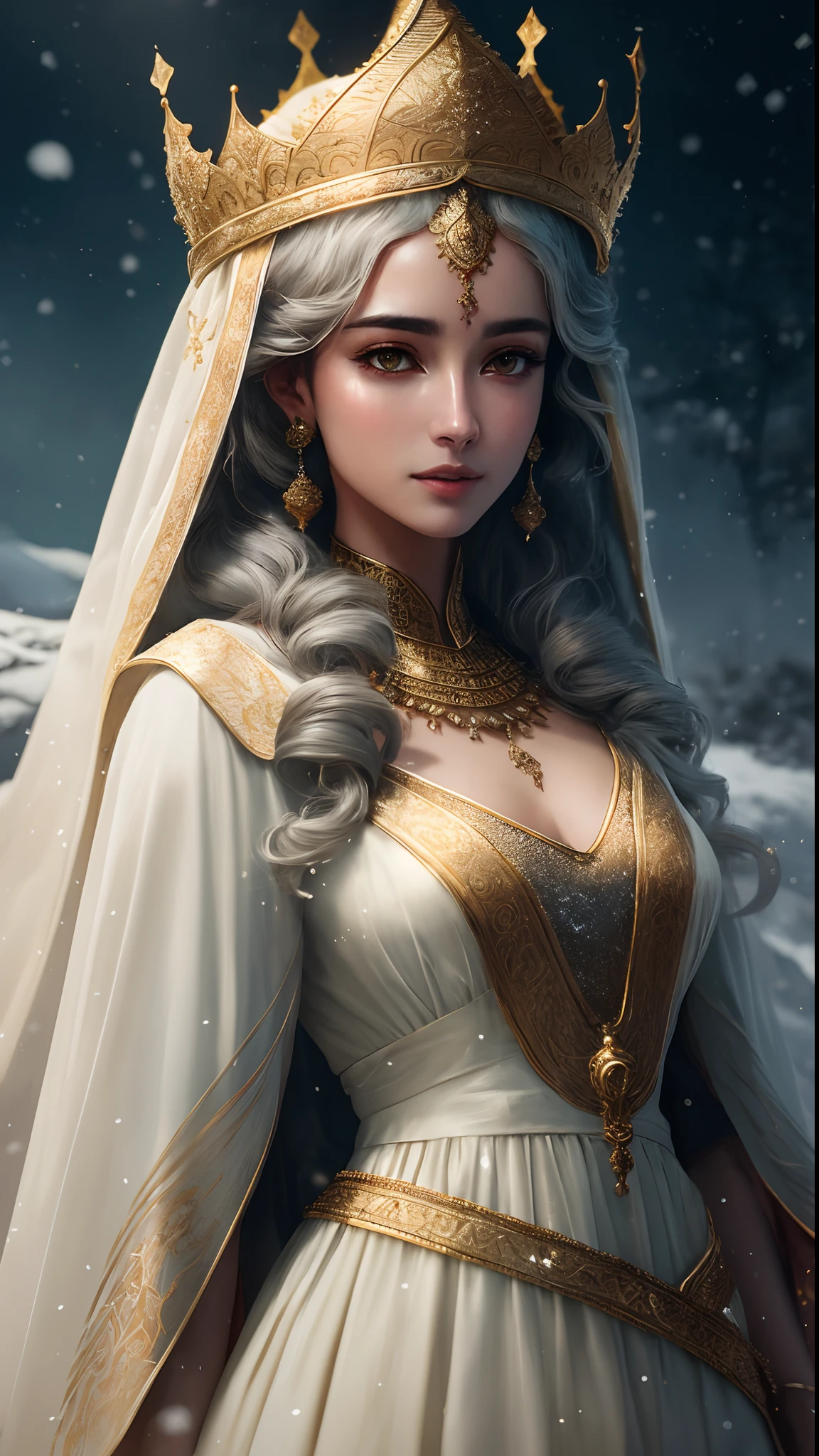 Retrato suave y soñador de 8 mm de un dev brama árabe de un universo adornado con una corona natural de oro y hojas y masas, vestido etéreo. Cielo de nieve suave. Uso de alta definición 8K. Estilos artísticos Greg Rutkowski , Android Jones , Tamsyn. Iluminación dinámica intrincada, Ultrarrealista elegante y altamente detallado, Reproducción cinemática y de octanaje