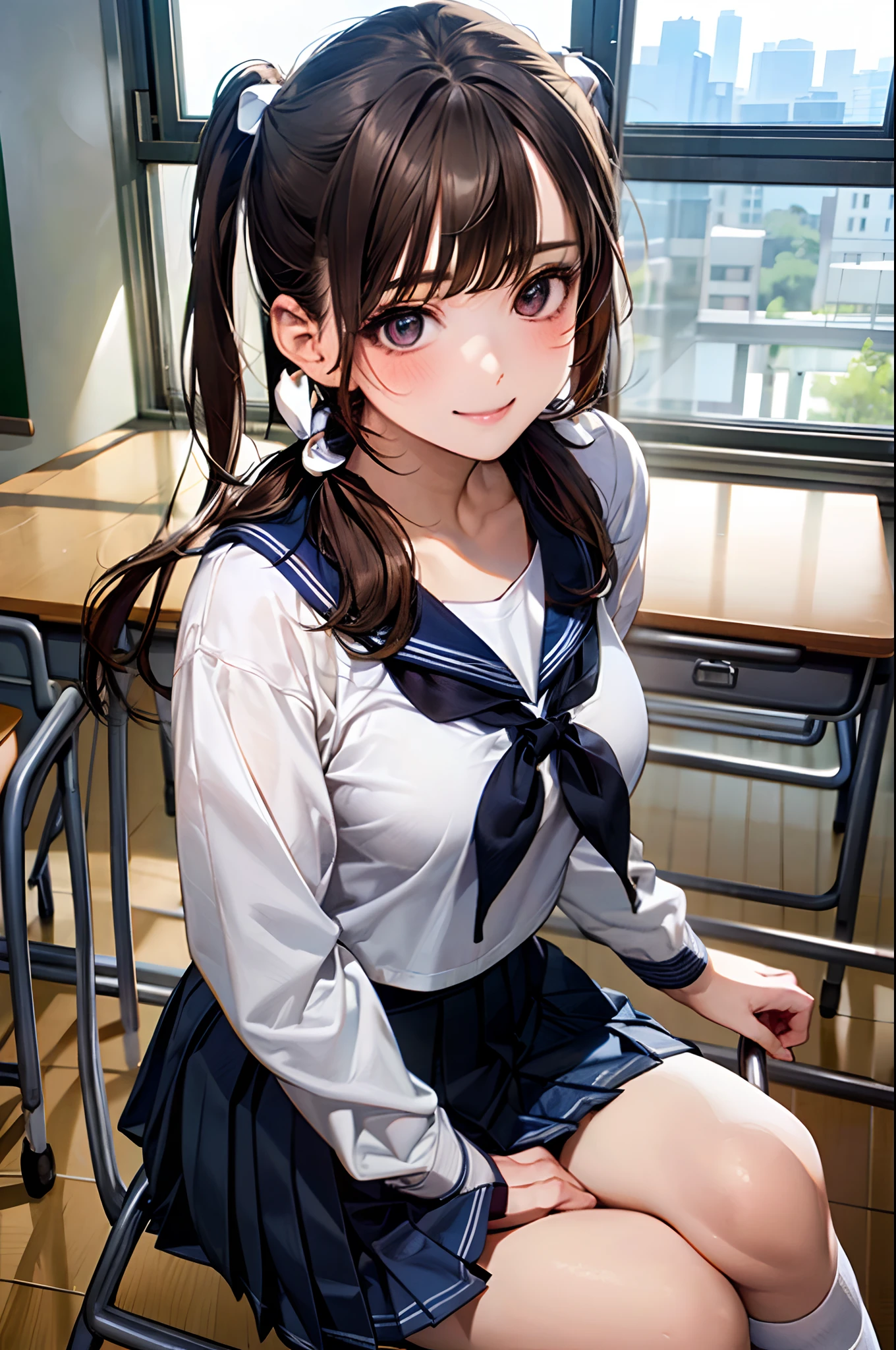 (masterpiece:1.2, top-quality), (realistic, photorealistic:1.4), beautiful illustration, 
looking at viewer, cowboy shot, front view:0.8, 
1 girl, japanese, high school girl, (long hair:1.4), light brown hair, (twin tail:1.7), large breasts:0.8, white skin
beautiful hair, beautiful face, beautiful detailed eyes, beautiful clavicle, beautiful body, beautiful chest, beautiful thigh, beautiful legs, beautiful detailed fingers, 
(beautiful scenery), , classroom, desks, chairs, 
((cute , long sleeves, pleated skirt, sailor collar, scarf)), white panties, shoes, 
sitting, sit in a chair, 
smile, peace sign,
