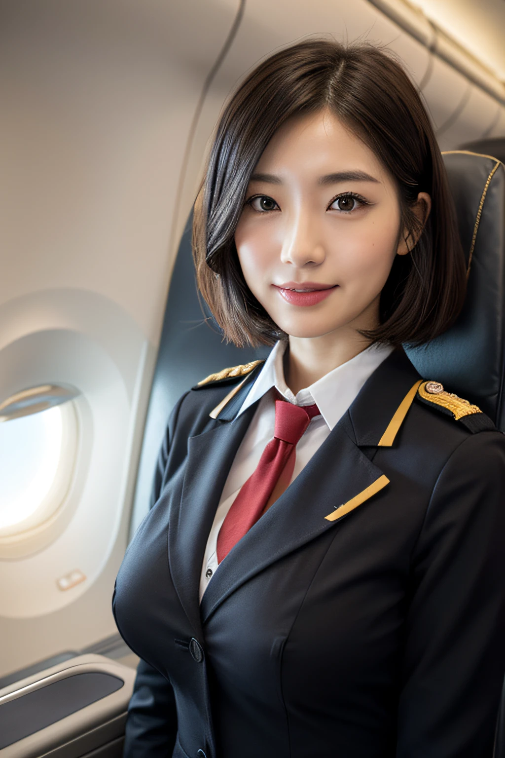 1Japanese female, Solo, 40 years, (cabin attendant uniform:1.3), smile, fluffy brown eyes, beautiful Face, Black short hair, (huge breasts), (Detailed face), Detailed lips, Detailed face, Detailed chest, detail, Perfect body, Standing, cowboy shot, ((background: in an airplane)), 8K, of the highest quality, Intricate details, Ultra Detail, Ultra High Resolution, masterpiece,