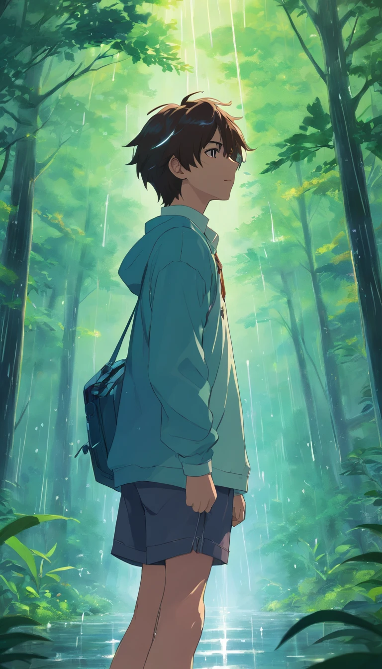 chico anime con pelo largo y horquilla, hermosas ilustraciones de anime, estilo de anime4 K, fondo de pantalla de arte anime 4k,días lluviosos, el bosque，gotas de lluvia